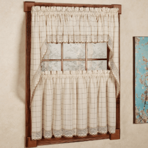 Cotton Kitchen Curtains with Window Pane Pattern and Rod Pocket