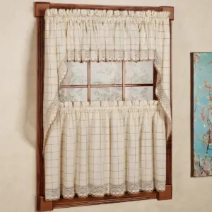 Cotton Kitchen Curtains with Window Pane Pattern and Rod Pocket
