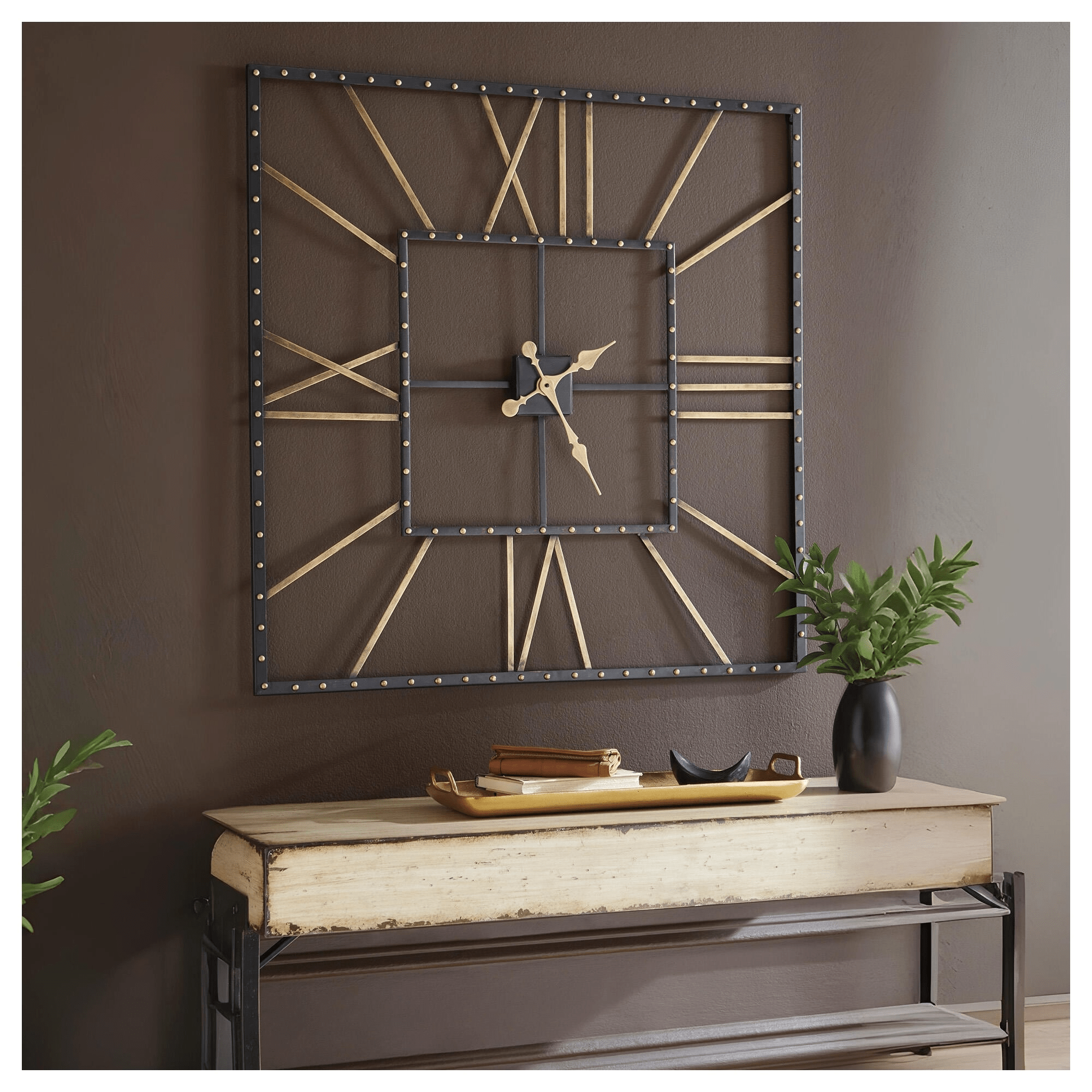 Square Wall Clock with Roman Numerals and Open Frame