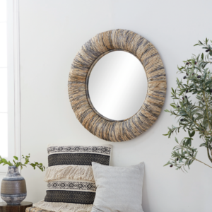 Round Wall Mirror with Banana Leaf Coiled Frame