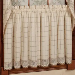 Cotton Kitchen Curtains with Window Pane Pattern and Rod Pocket