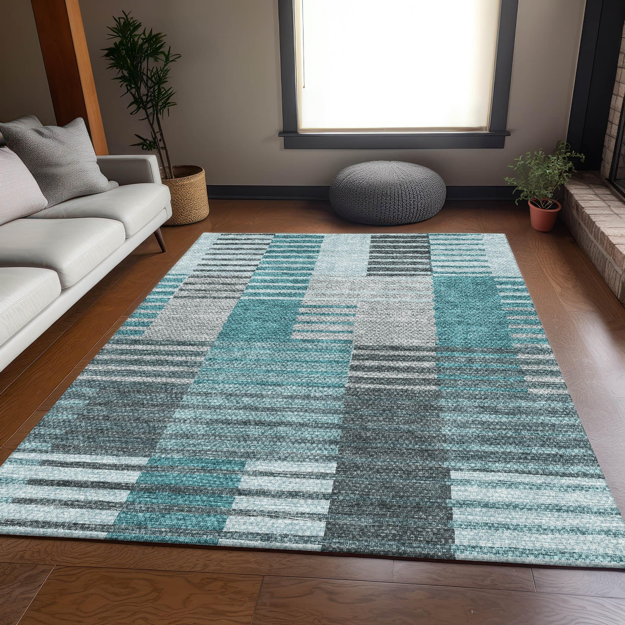 Washable Microfiber Area Rug with Geometric Stripe Pattern