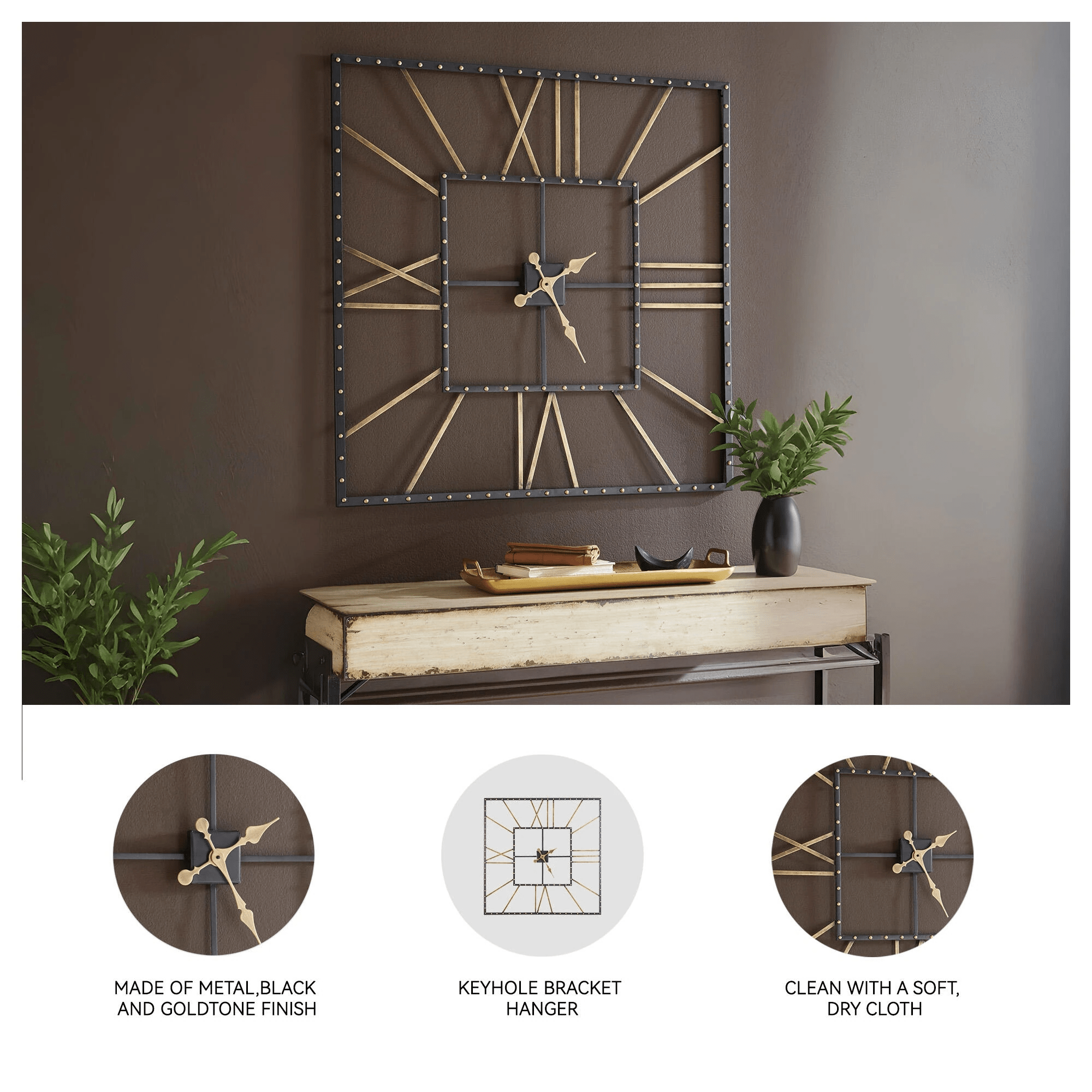 Square Wall Clock with Roman Numerals and Open Frame - Image 3
