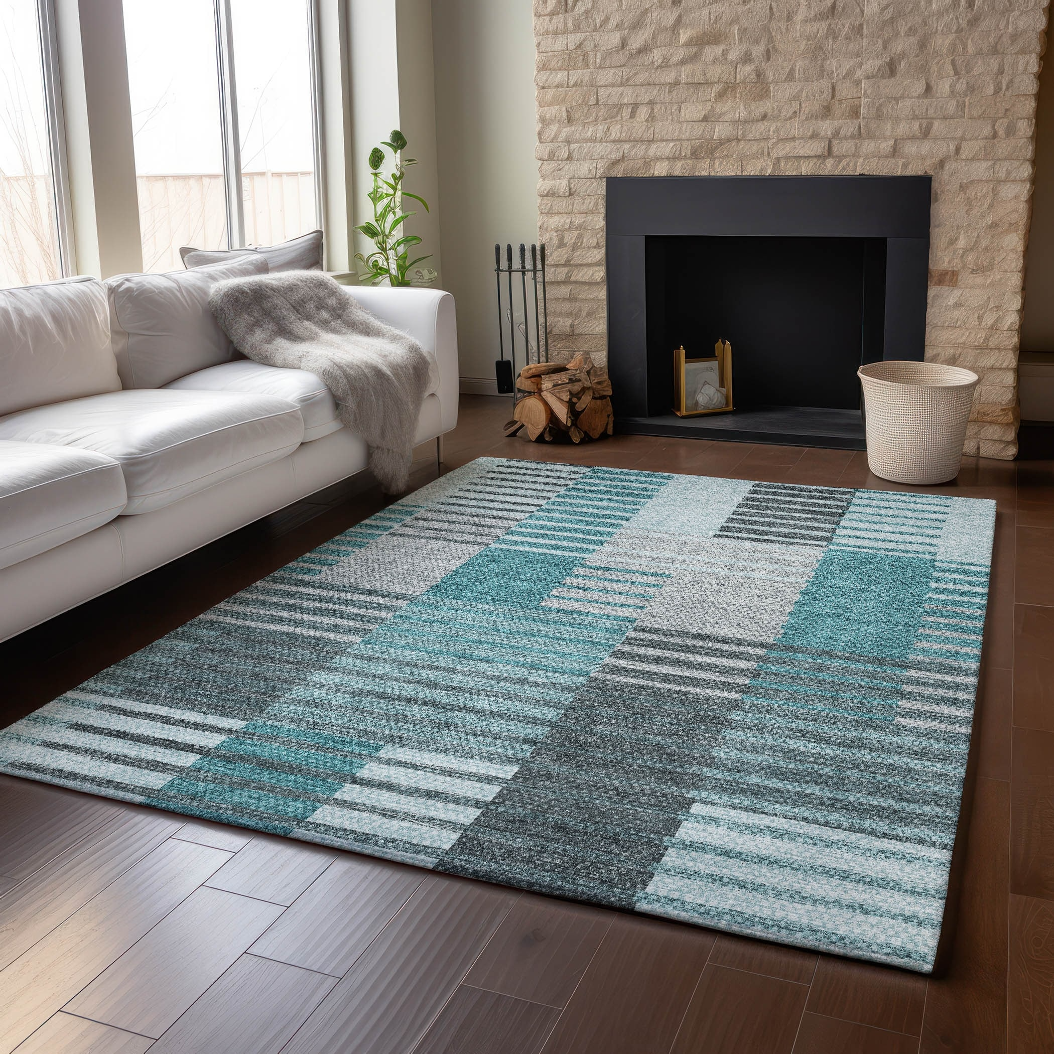 Washable Microfiber Area Rug with Geometric Stripe Pattern