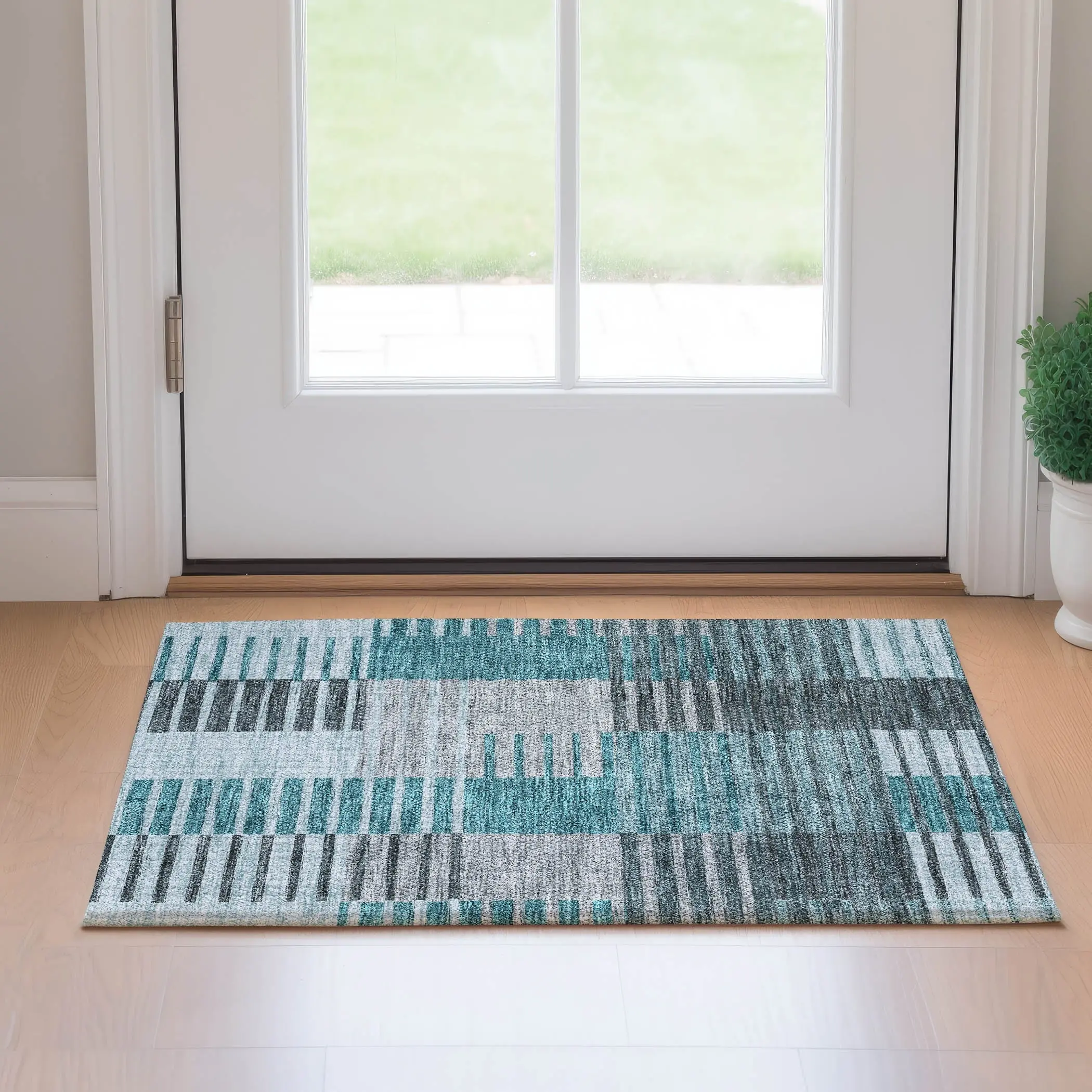 Washable Microfiber Area Rug with Geometric Stripe Pattern